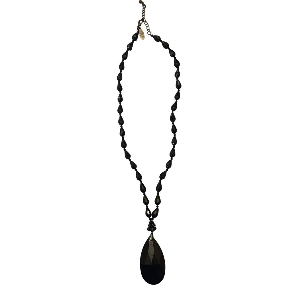 Black Faceted  Cara NY Beaded Necklace With Teardrop‎ Pendant  Adjustable Chain